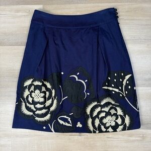 Anthropologie Floreat Navy Blue A-line Skirt with Floral Detail, Size 0